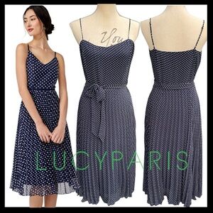 Lucy Paris Navy/White Polka Dot Spaghetti Strap Belted Pleated Midi Dress (M)